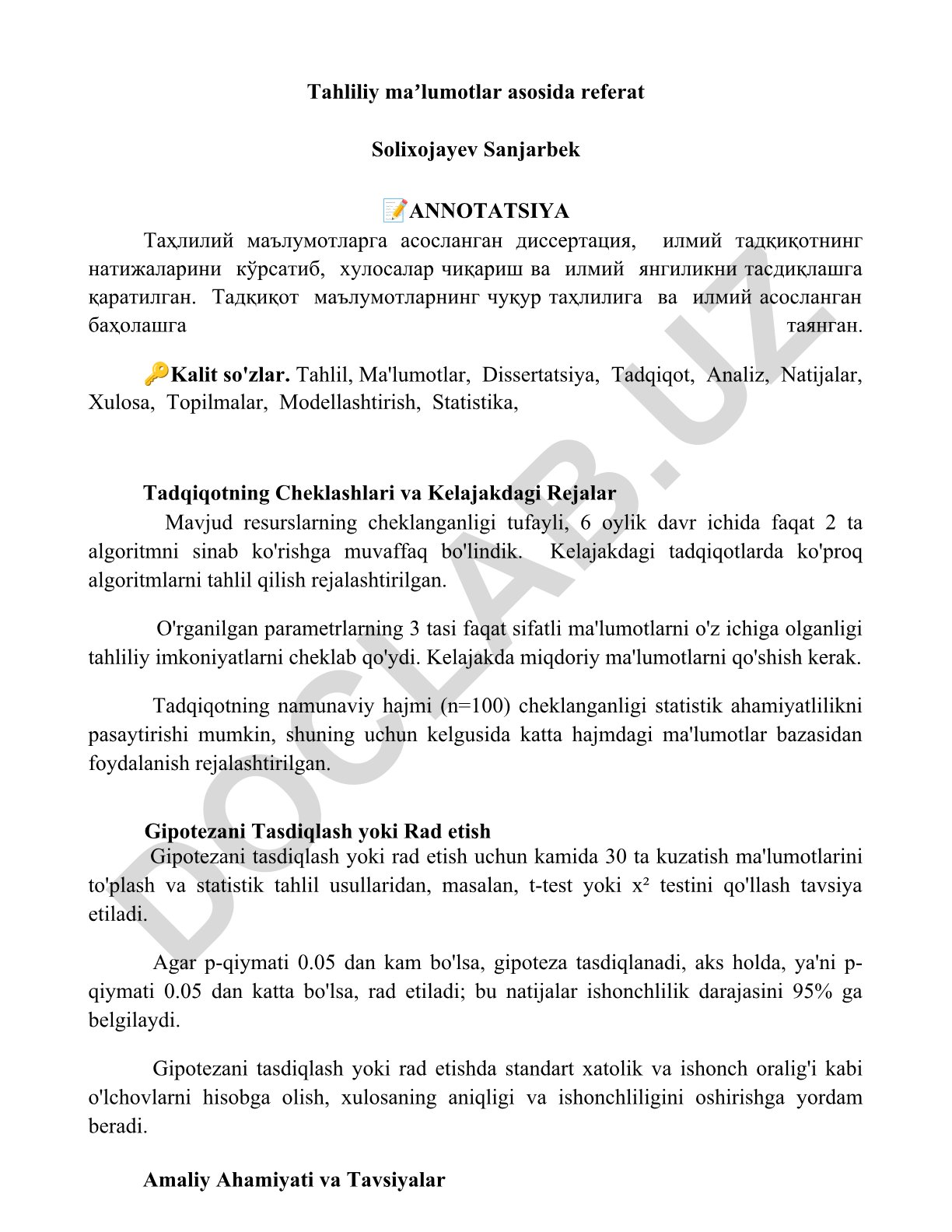Tahliliy maʼlumotlar asosida dissertatsiya tadqiqoti
