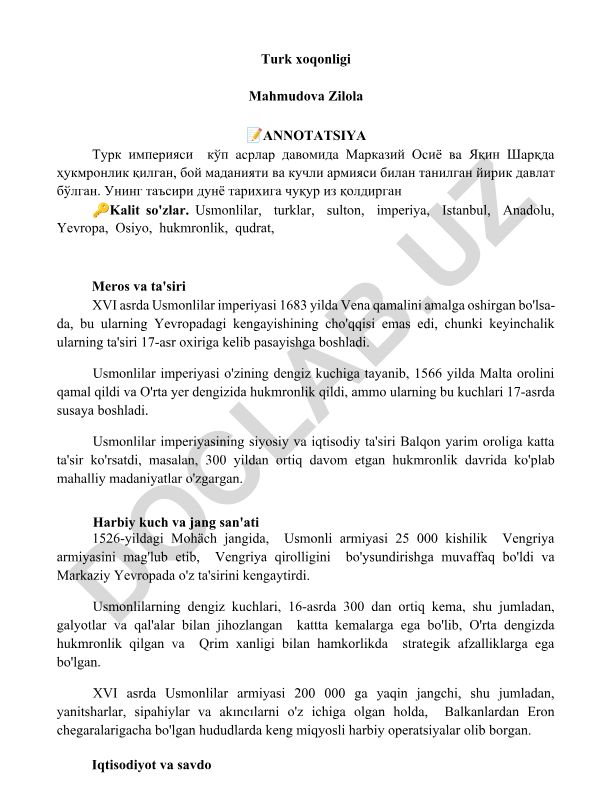 Turk xoqonligi va Usmonlilar imperiyasining tarixiy ta'siri