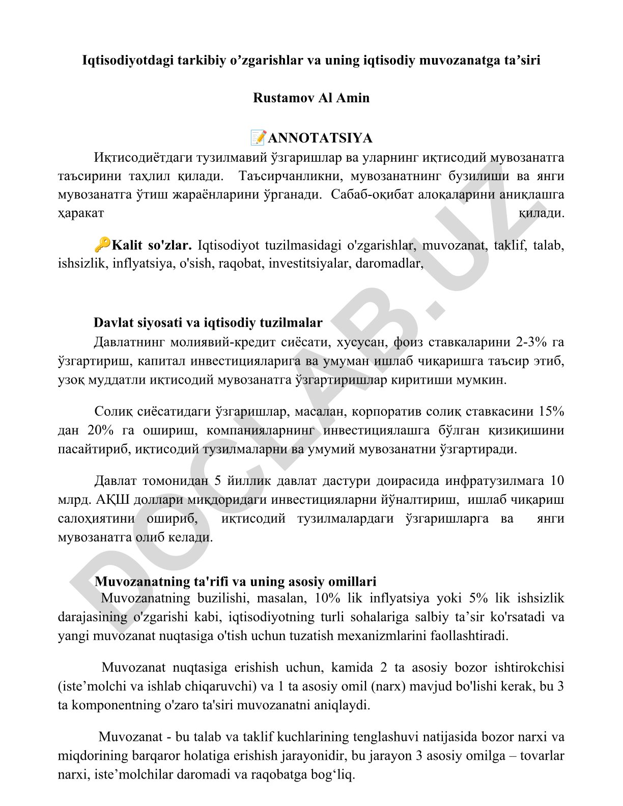 Iqtisodiyotdagi tarkibiy o'zgarishlar va uning iqtisodiy muvozanatga ta'siri