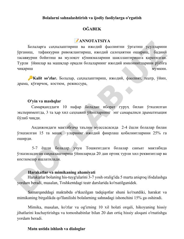Bolalarni sahnalashtirish va ijodiy faoliyatga o'rgatish