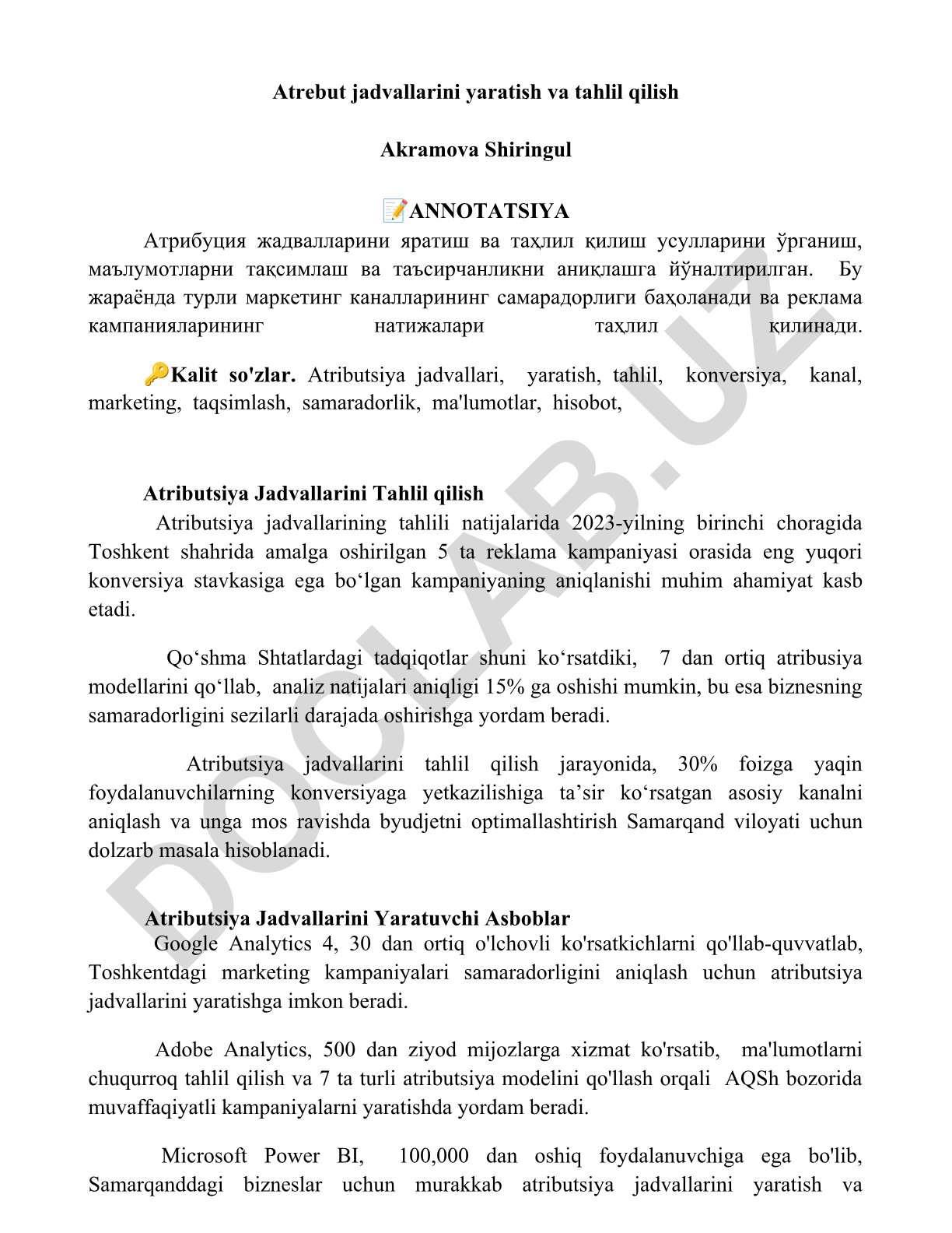 Atributsiya jadvallarini yaratish va tahlil qilish