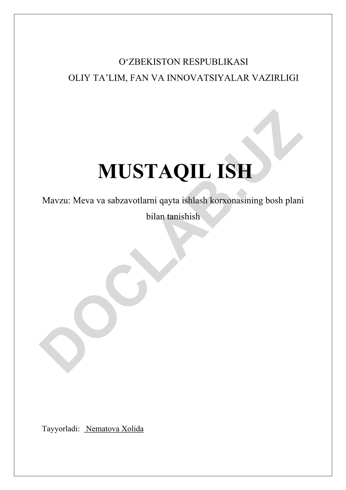 Meva va sabzavotlarni qayta ishlash korxonasining bosh plani bilan tanishish