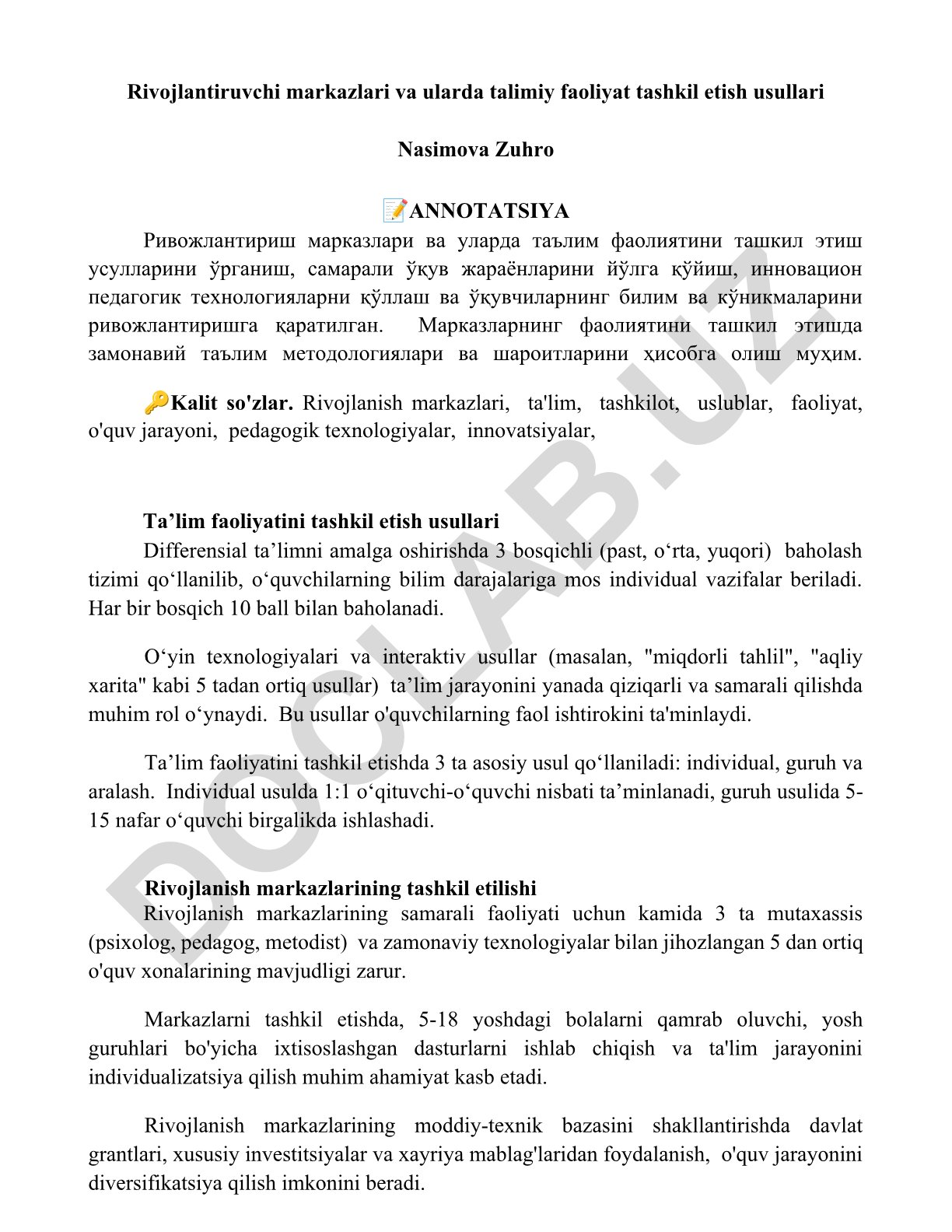 Rivojlanish markazlarida ta'lim faoliyatini tashkil etish usullari
