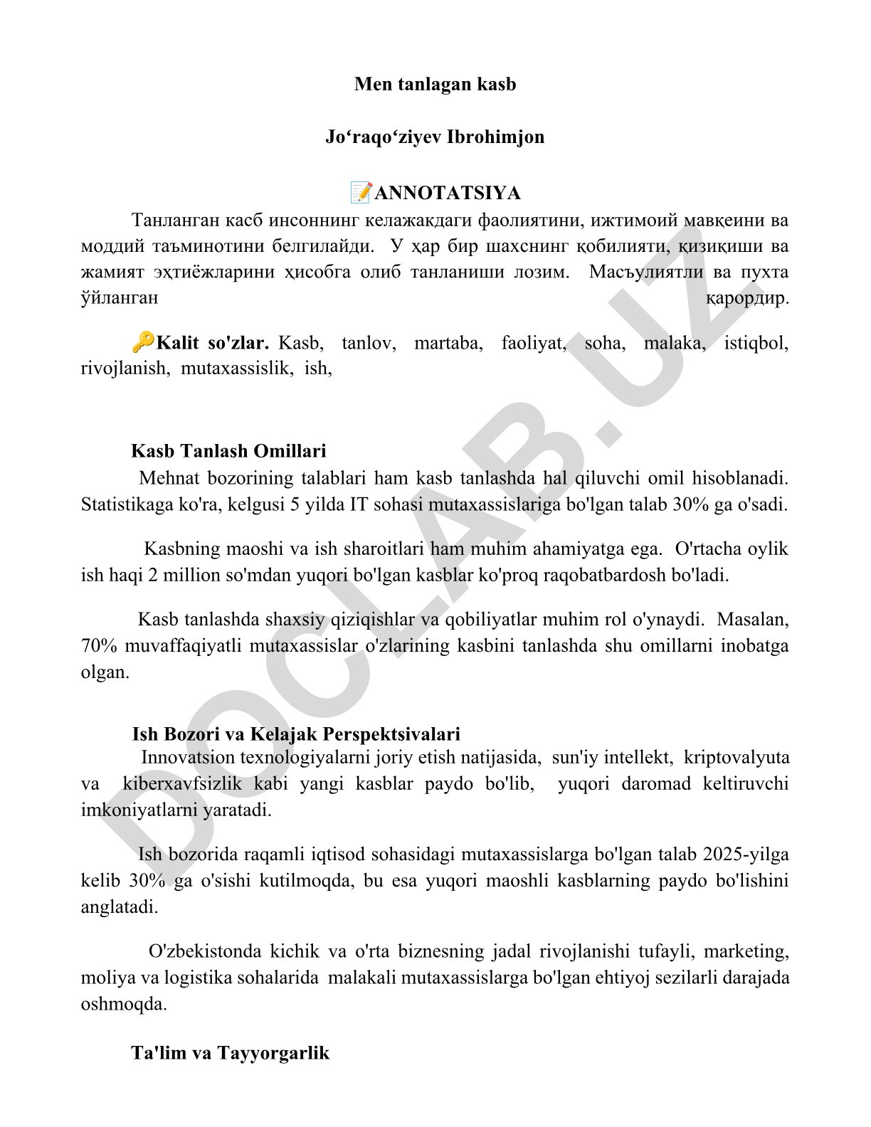 Kasb tanlash omillari va kelajak perspektivalari
