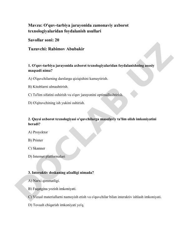 O'quv-tarbiya jarayonida zamonaviy axborot texnologiyalaridan foydalanish usullari