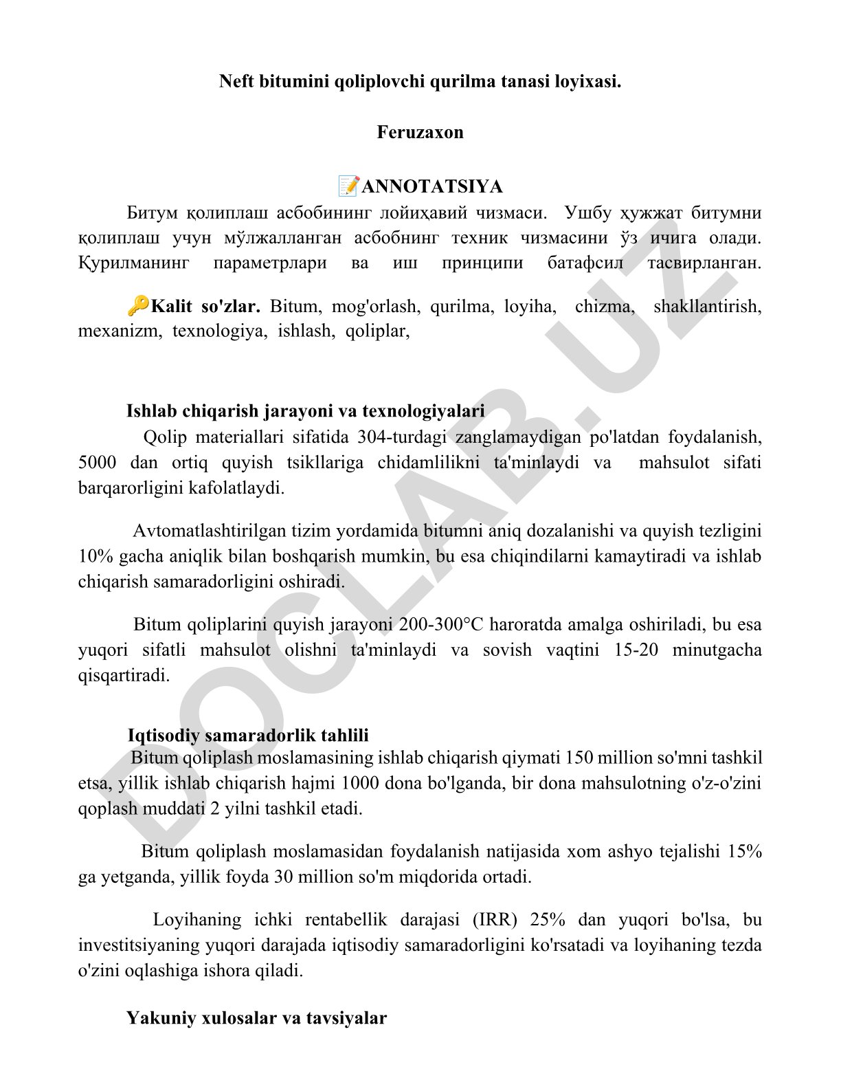Neft bitumini qoliplovchi qurilma tanasi loyixasi