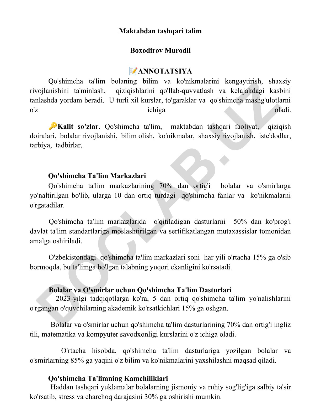 Qo'shimcha ta'limning bolalar va o'smirlar rivojlanishidagi ahamiyati