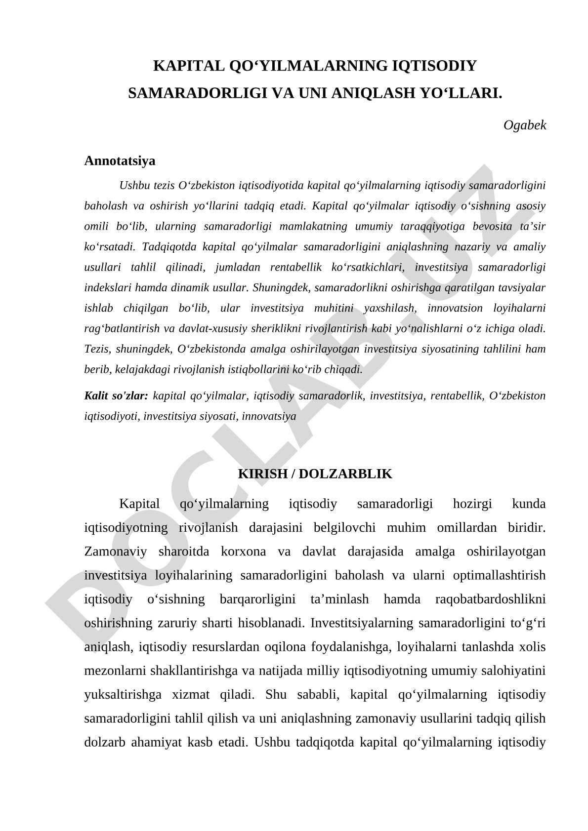 Kapital qo'yilmalarning iqtisodiy samaradorligi va uni aniqlash yo'llari