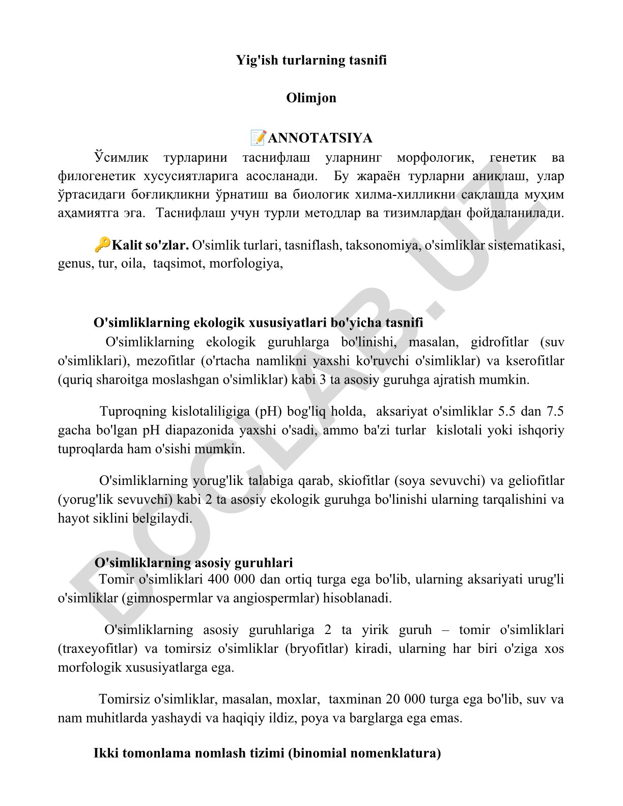 O'simlik turlarini tasniflash va ekologik xususiyatlari