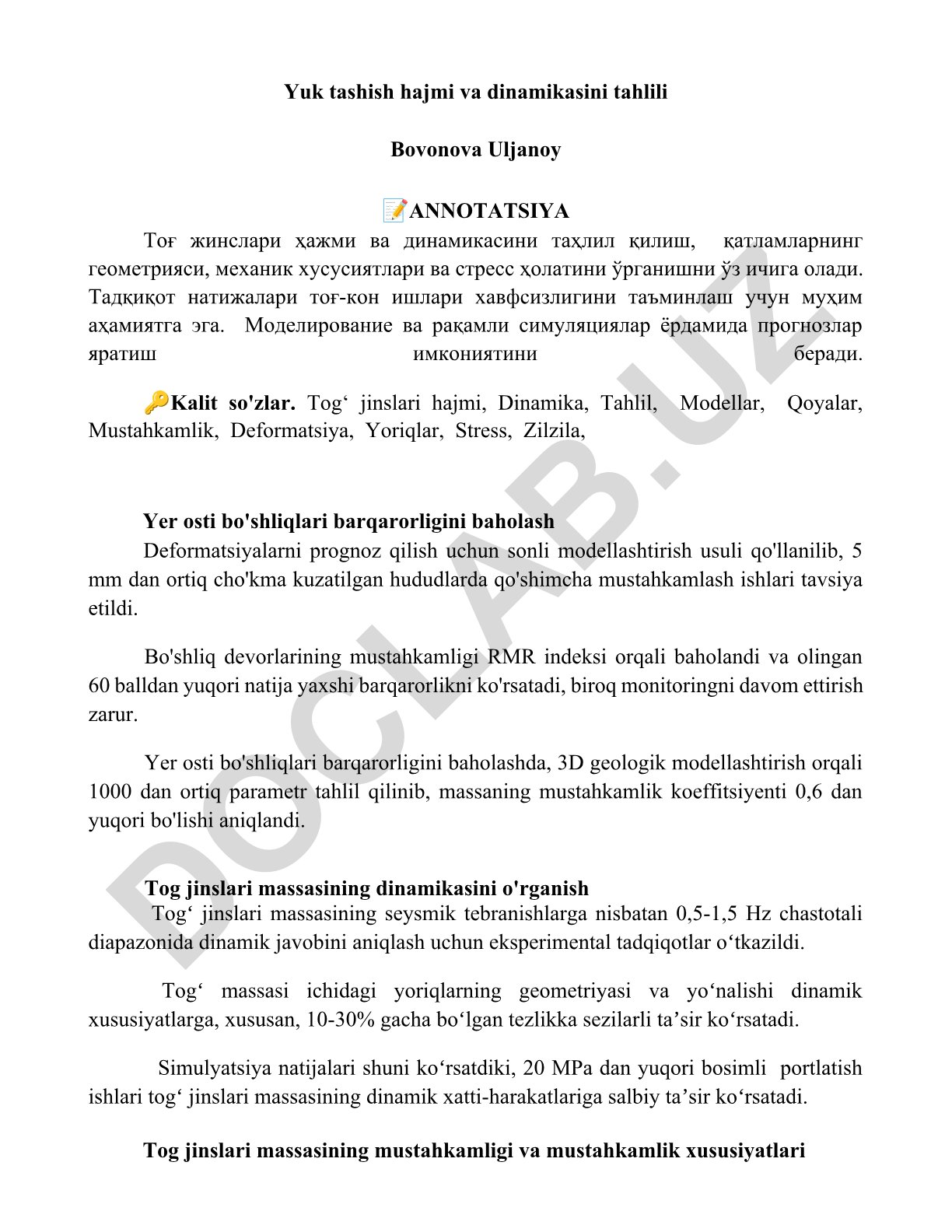Tog' jinslari hajmi va dinamikasini tahlili