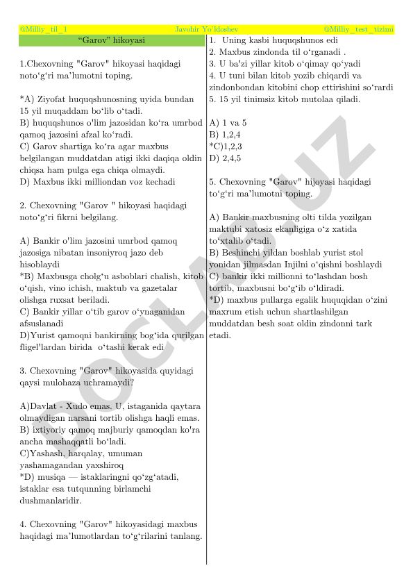 Chexovning "Garov" hikoyasi haqida test savollari