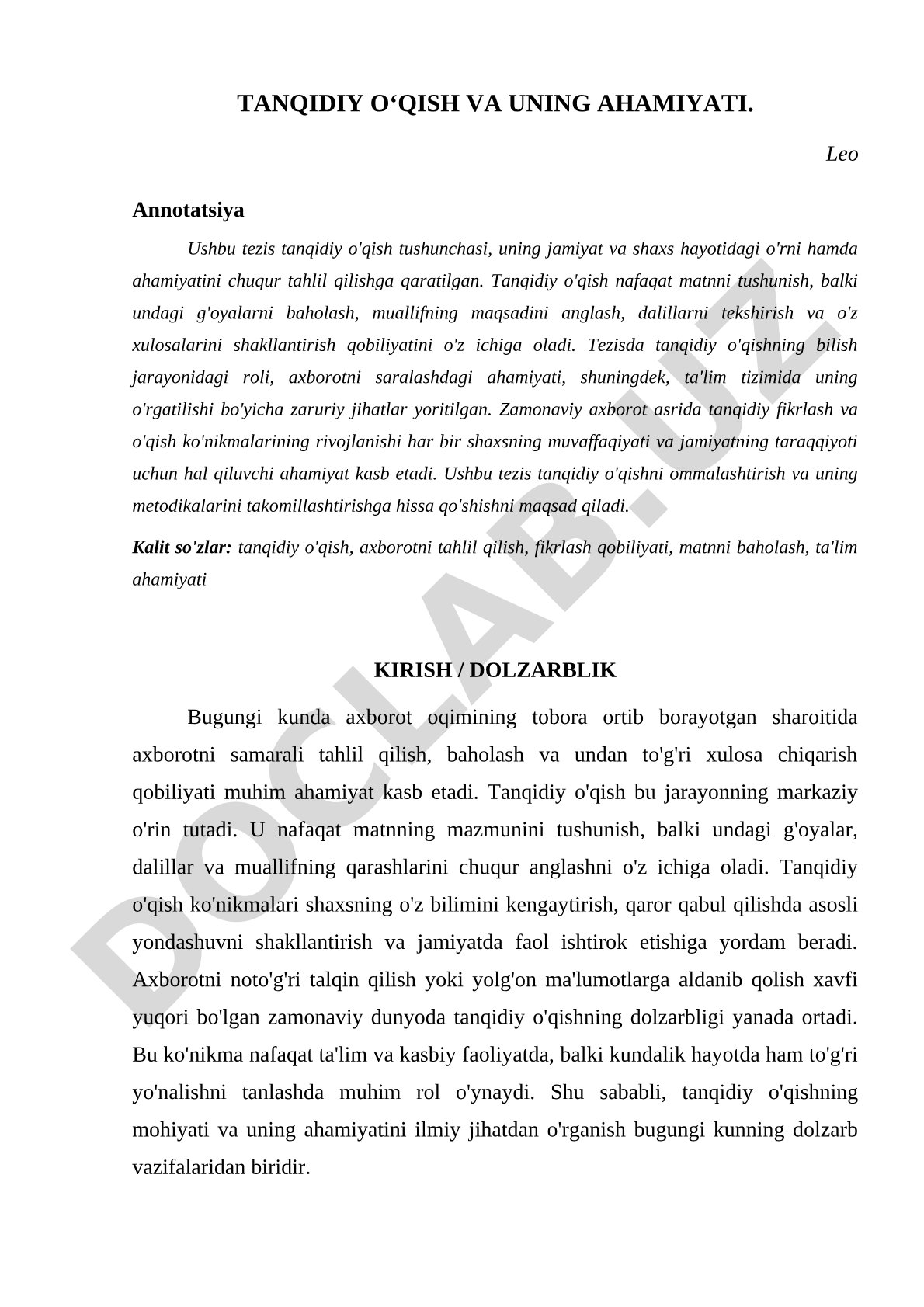 Tanqidiy o'qish va uning ahamiyati