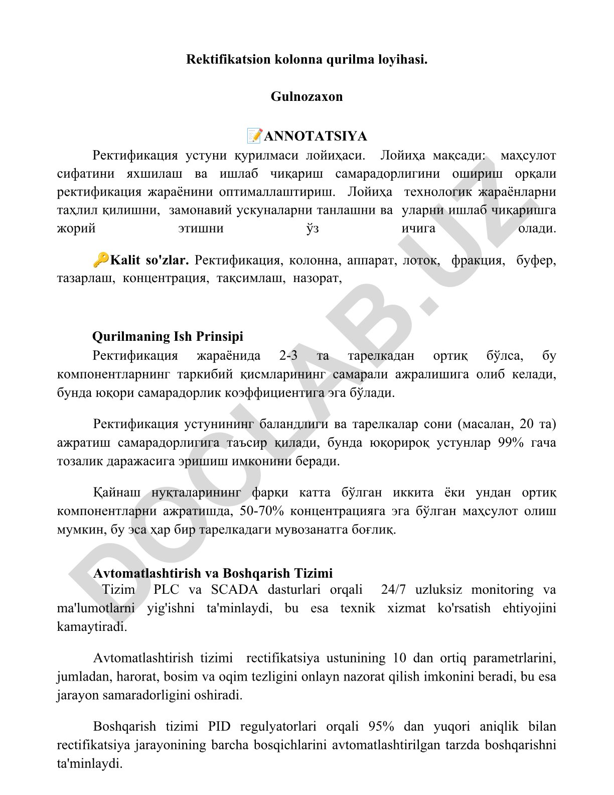 Rektifikatsion kolonna qurilma loyihasi