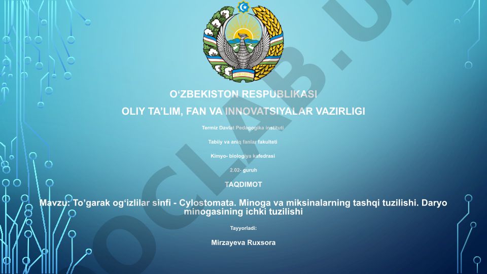 To'garak og'izlilar sinfi - Cylostomata. Minoga va miksinalarning tashqi tuzilishi. Daryo minogasining ichki tuzilishi