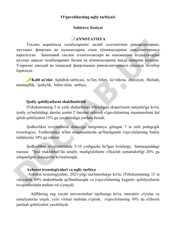 O'quvchilarning aqliy tarbiyasi va ijodiy qobiliyatlarni shakllantirish