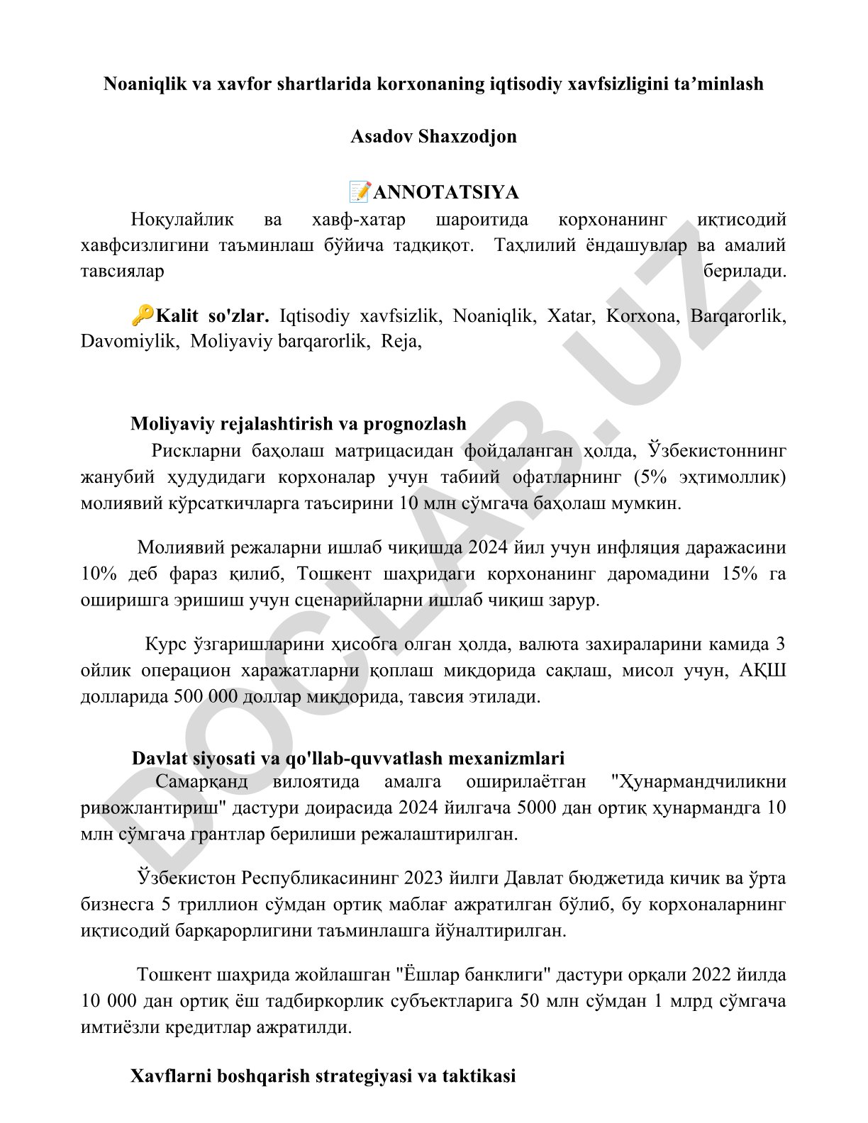Noaniqlik va xavfor shartlarida korxonaning iqtisodiy xavfsizligini taʼminlash