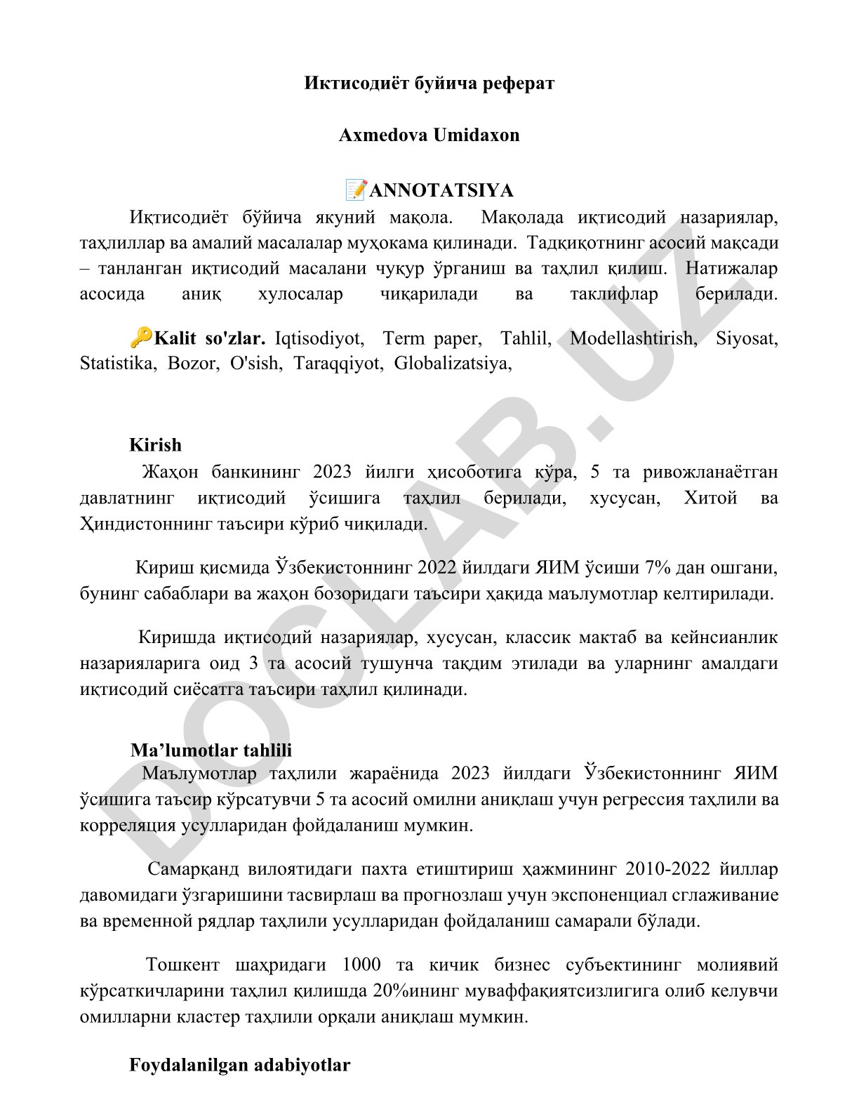 Iqtisodiyot bo'yicha yakuniy maqola: Jahon banki hisobotlari va O'zbekiston YIM o'sishining tahliili