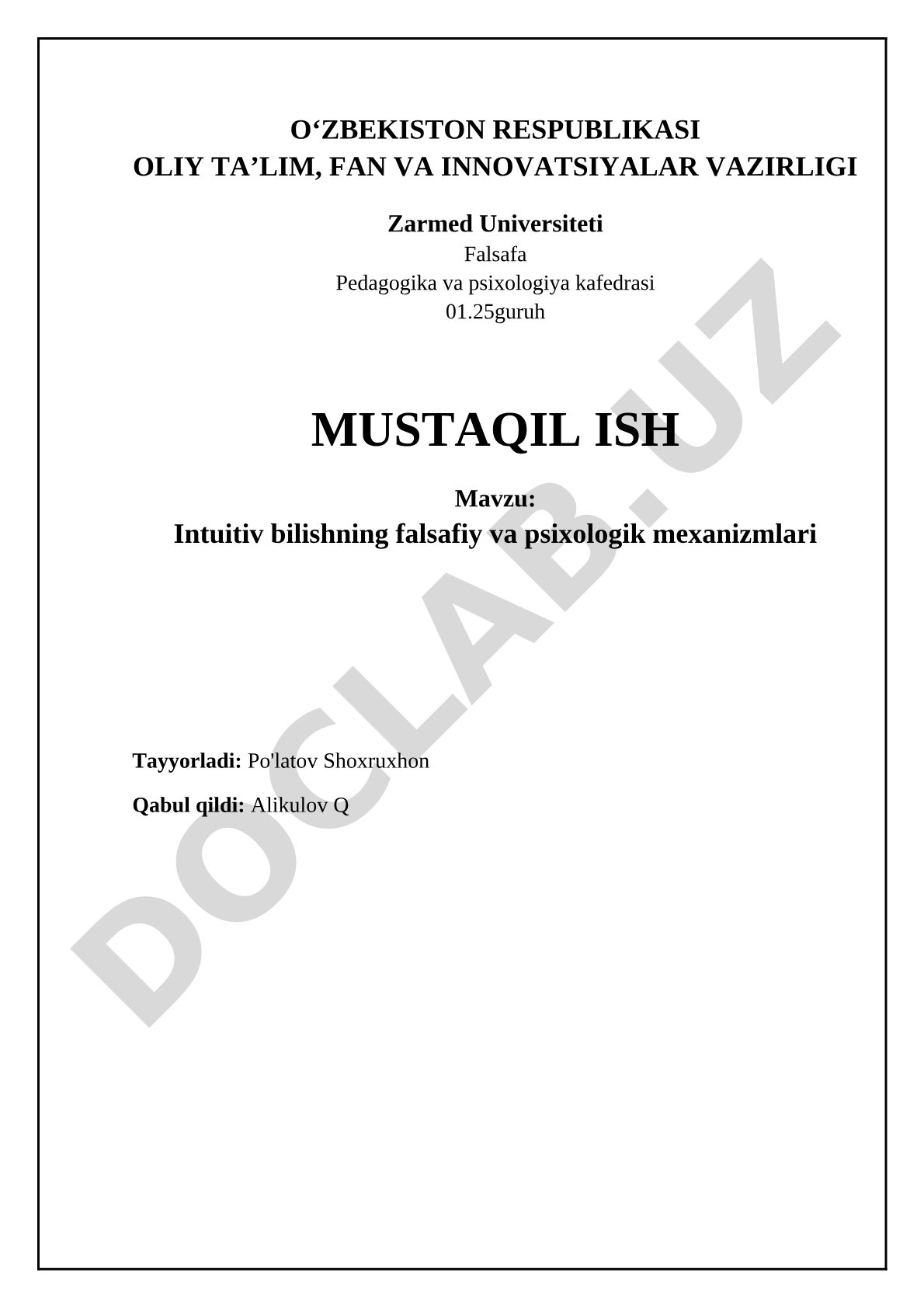Intuitiv bilishning falsafiy va psixologik mexanizmlari