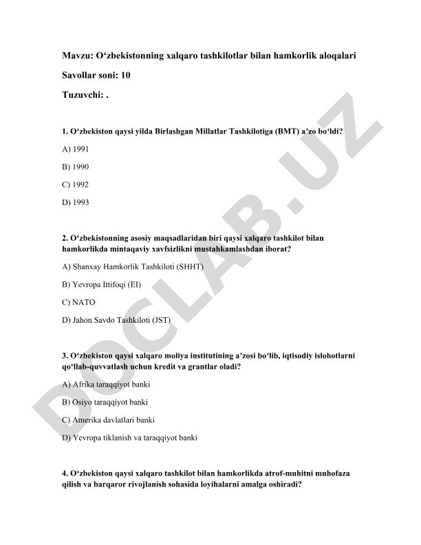 Oʻzbekistonning xalqaro tashkilotlar bilan hamkorlik aloqalari