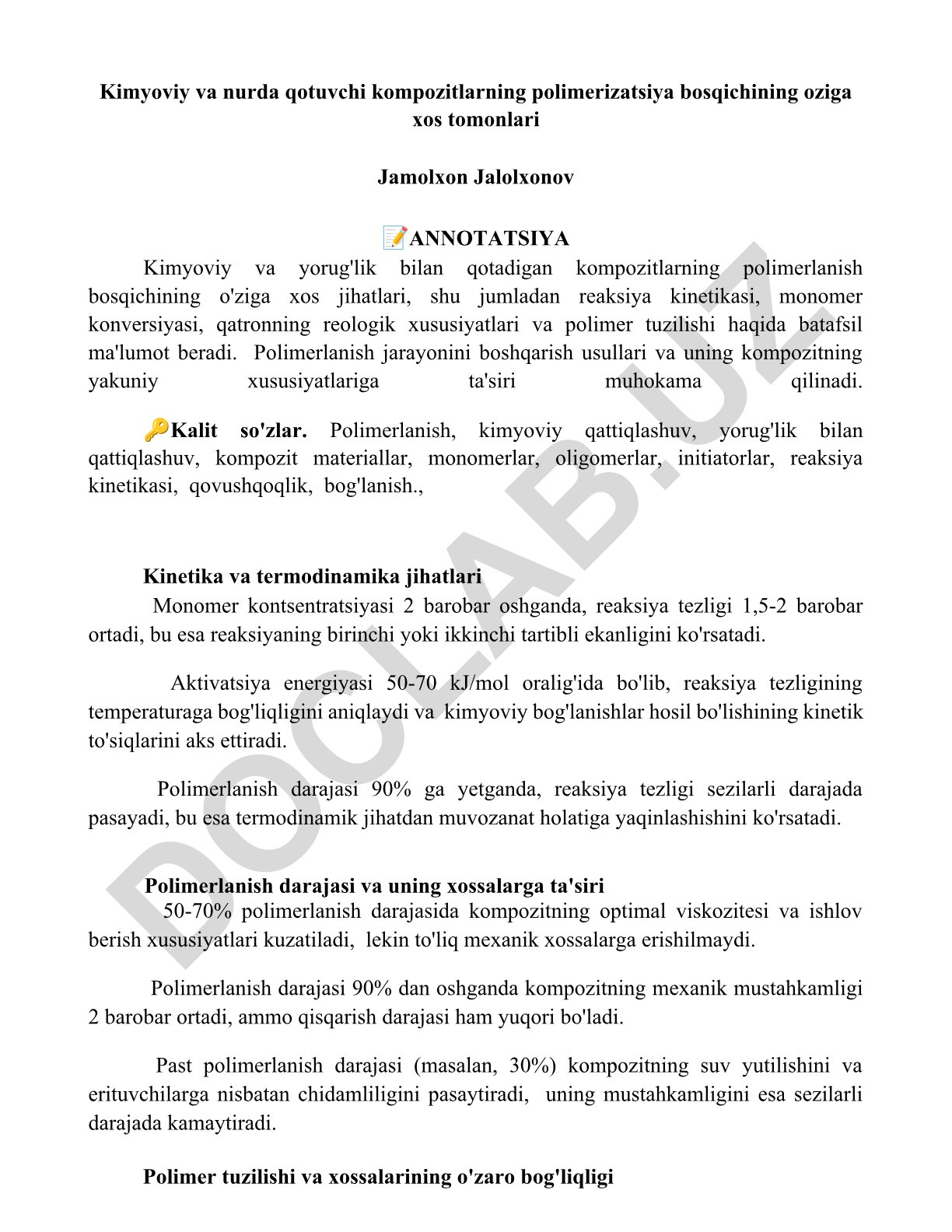 Kimyoviy va nurda qotuvchi kompozitlarning polimerizatsiya bosqichining oziga xos tomonlari