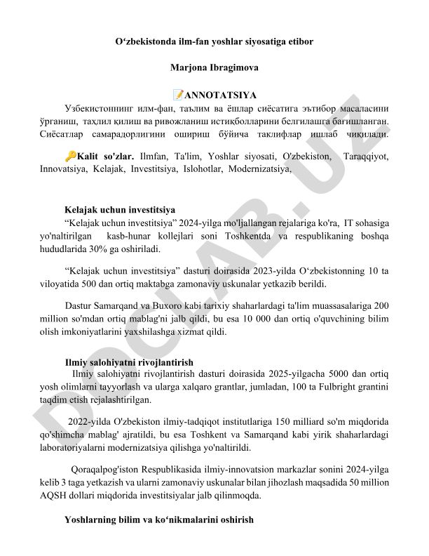 O'zbekistonda ilm-fan, ta'lim va yoshlar siyosati