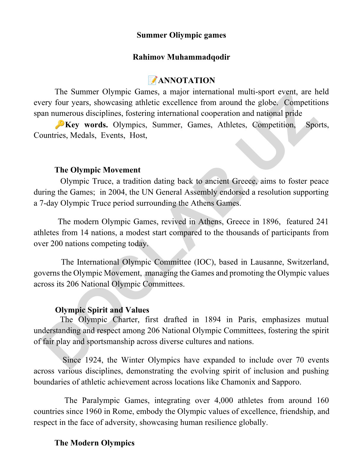 Summer Olympic Games: History, Organization, and Values