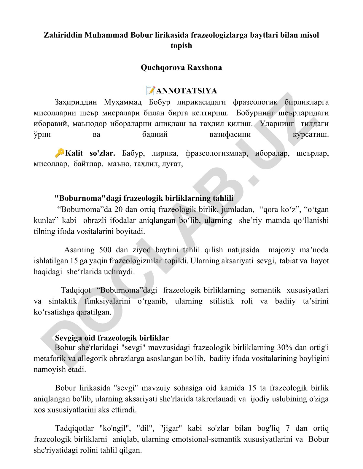 Zahiriddin Muhammad Bobur lirikasida frazeologizmlar
