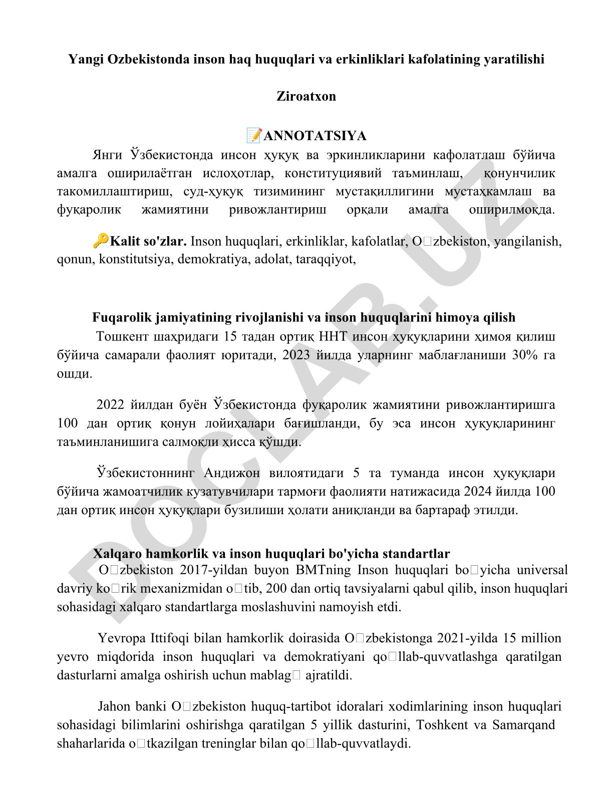 Yangi O'zbekistonda inson huquqlari va erkinliklari kafolatining yaratilishi