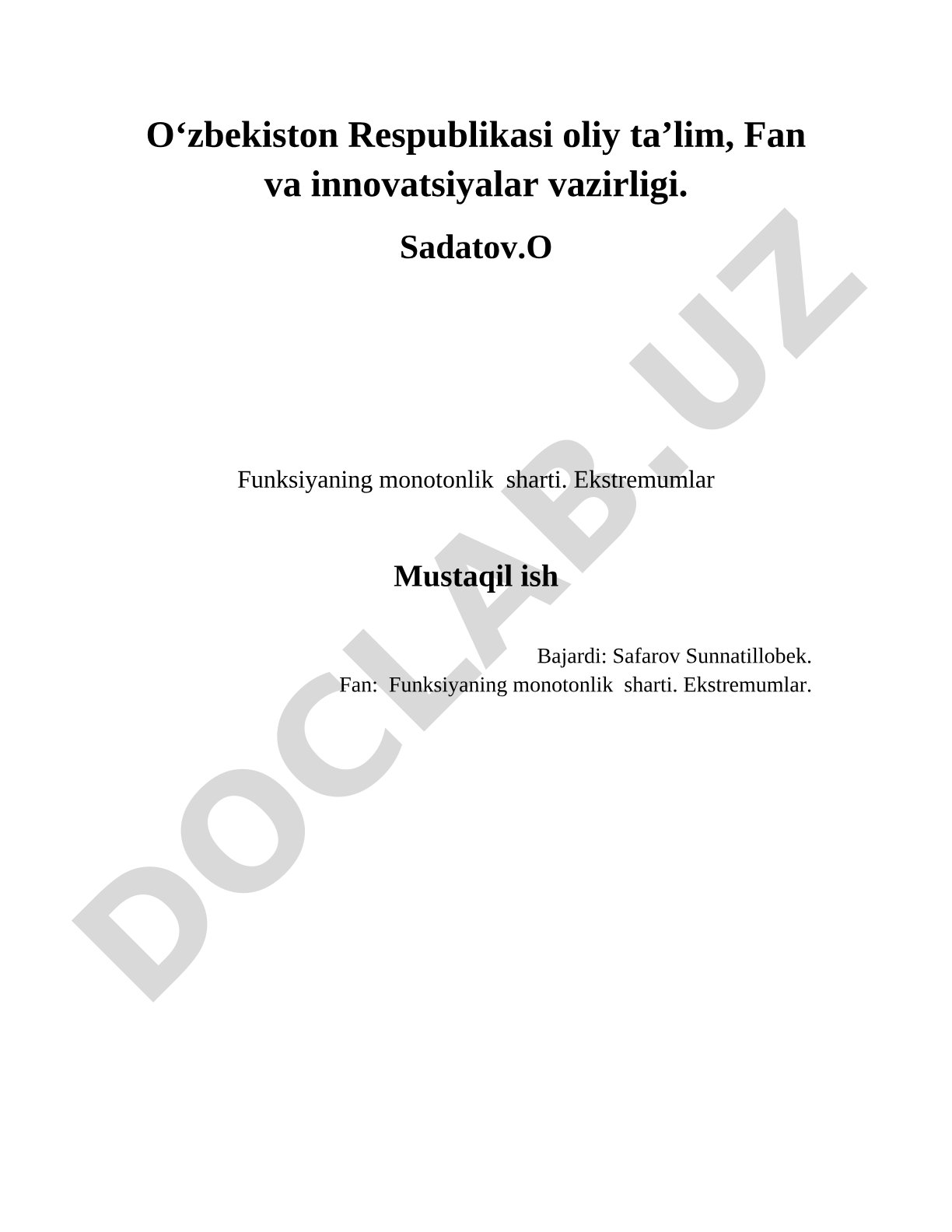 Funksiyaning monotonlik sharti. Ekstremumlar