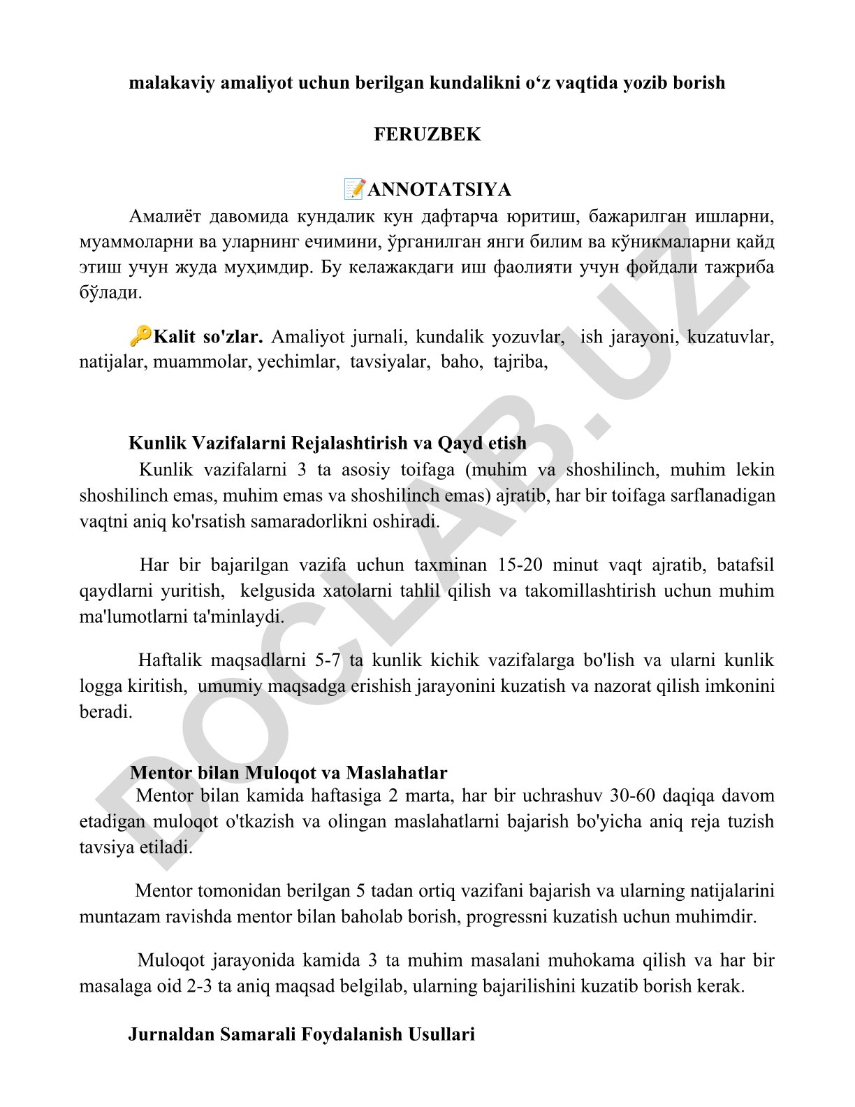 Malakaviy amaliyot kundaligi yuritish va kunlik vazifalarni rejalashtirish