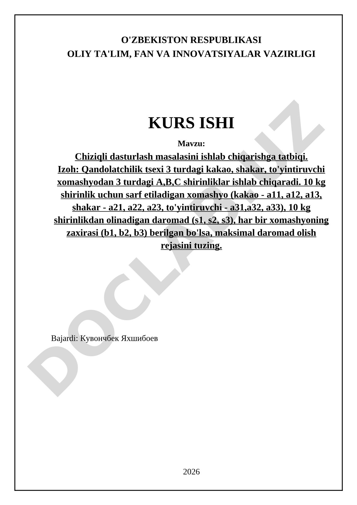 Chiziqli dasturlash masalasini ishlab chiqarishga tatbiqi