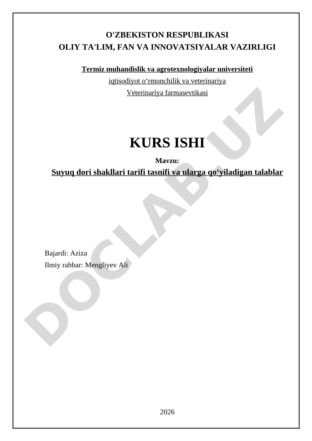 Suyuq dori shakllari tarifi tasnifi va ularga qo'yiladigan talablar