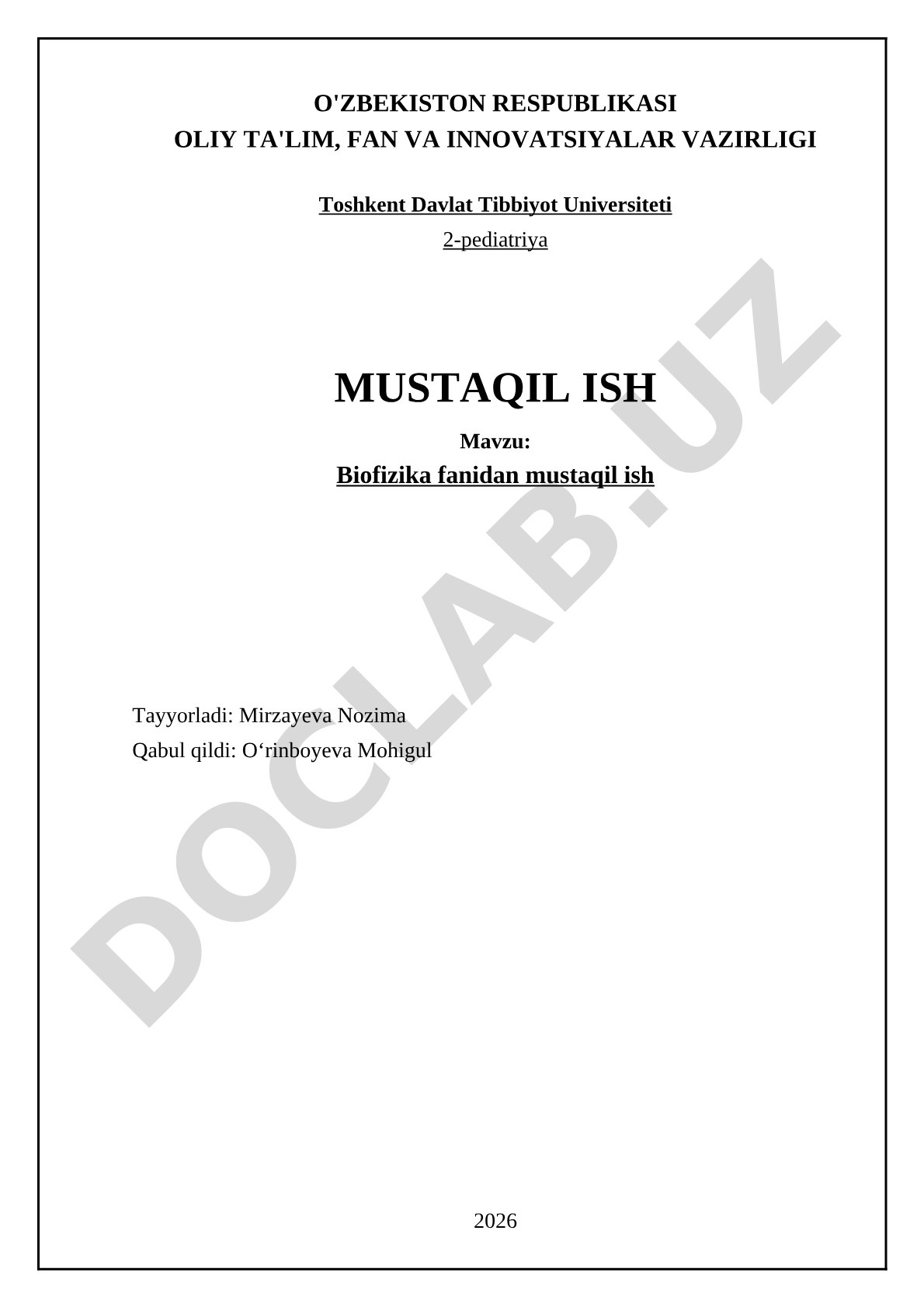 Biofizika fanidan mustaqil ish