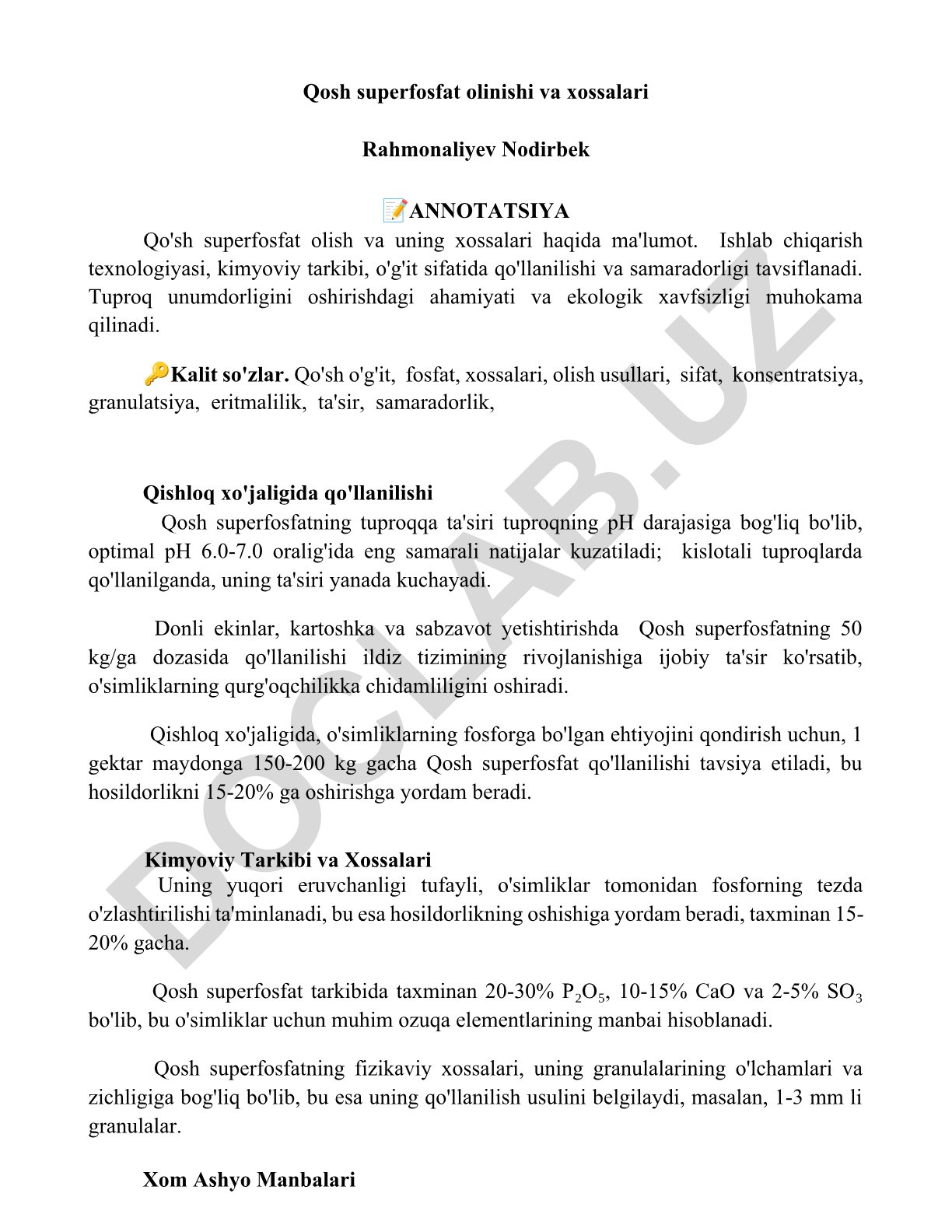 Qo'sh superfosfat olinishi va xossalari