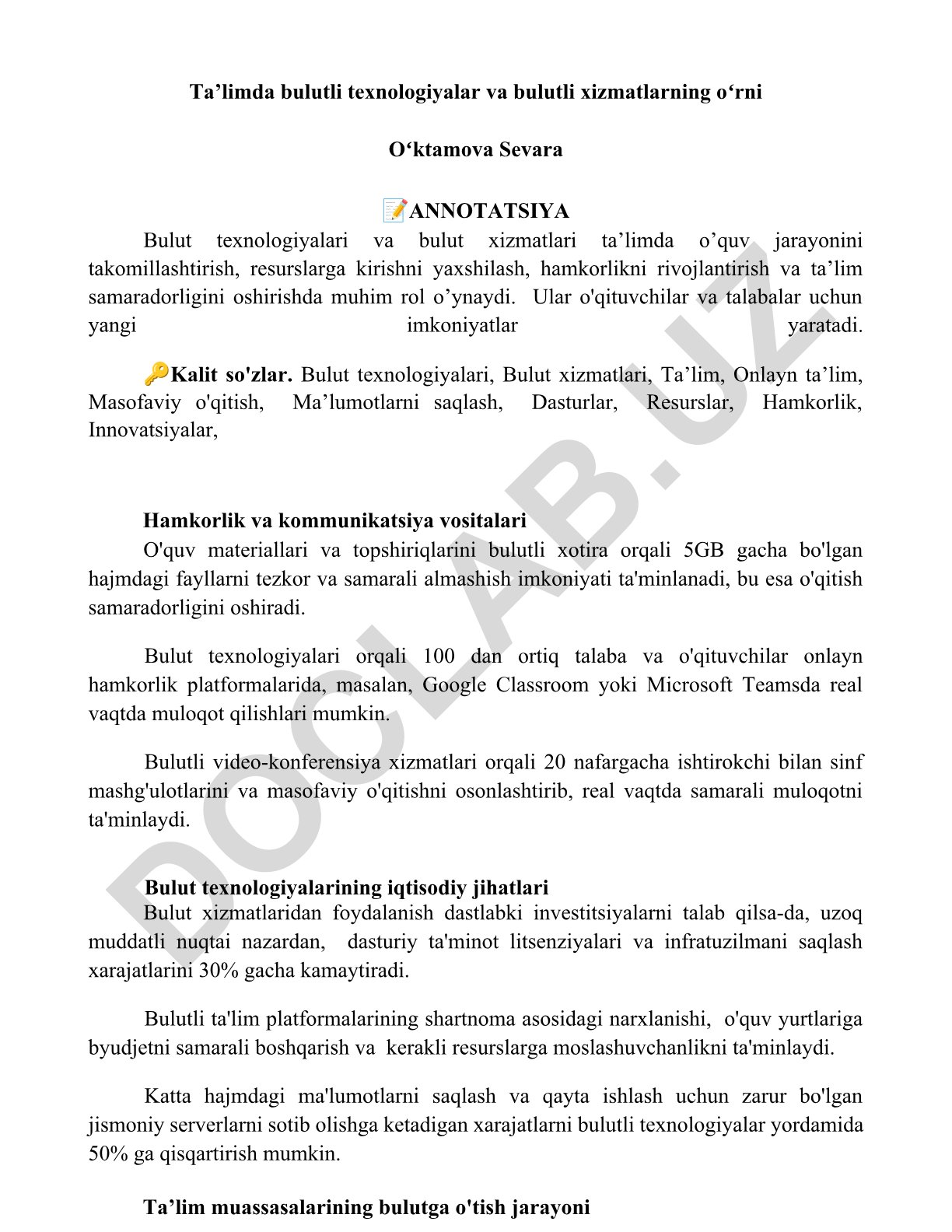 Ta’limda bulutli texnologiyalar va bulutli xizmatlarning oʻrni