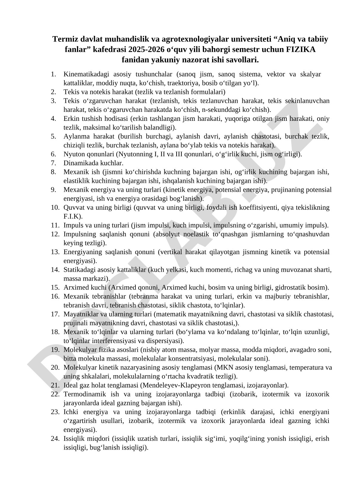 Fizika fanidan yakuniy nazorat ishi savollari