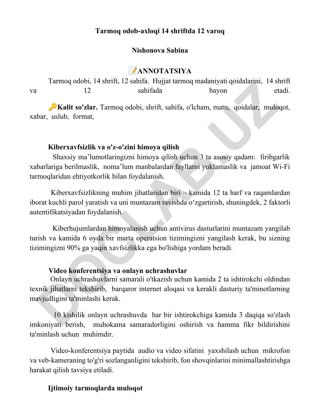 Tarmoq odobi va kiberxavfsizlik asoslari