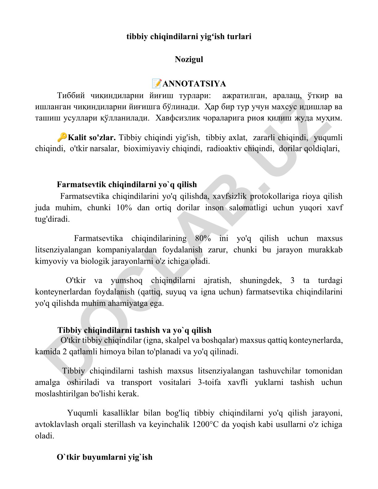 Tibbiy chiqindilarni yigʻish turlari va yoʻq qilish usullari