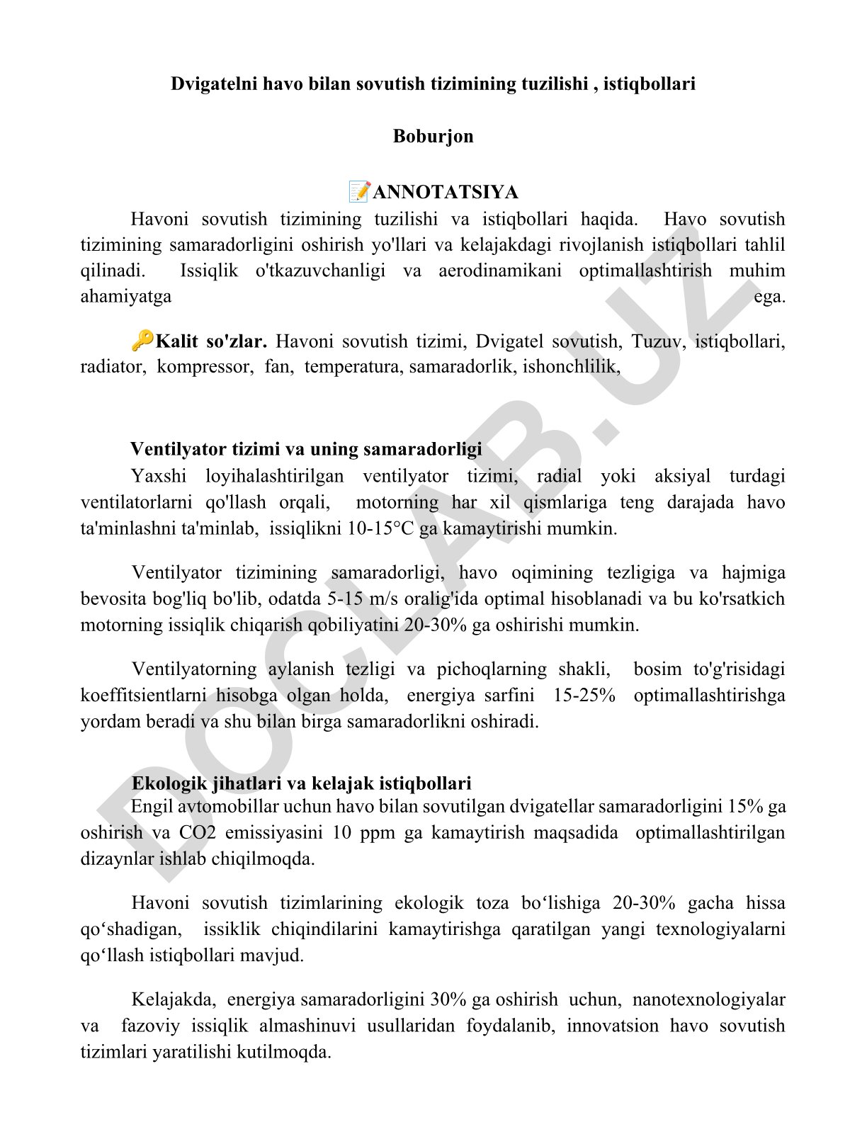 Dvigatelni havo bilan sovutish tizimining tuzilishi va istiqbollari