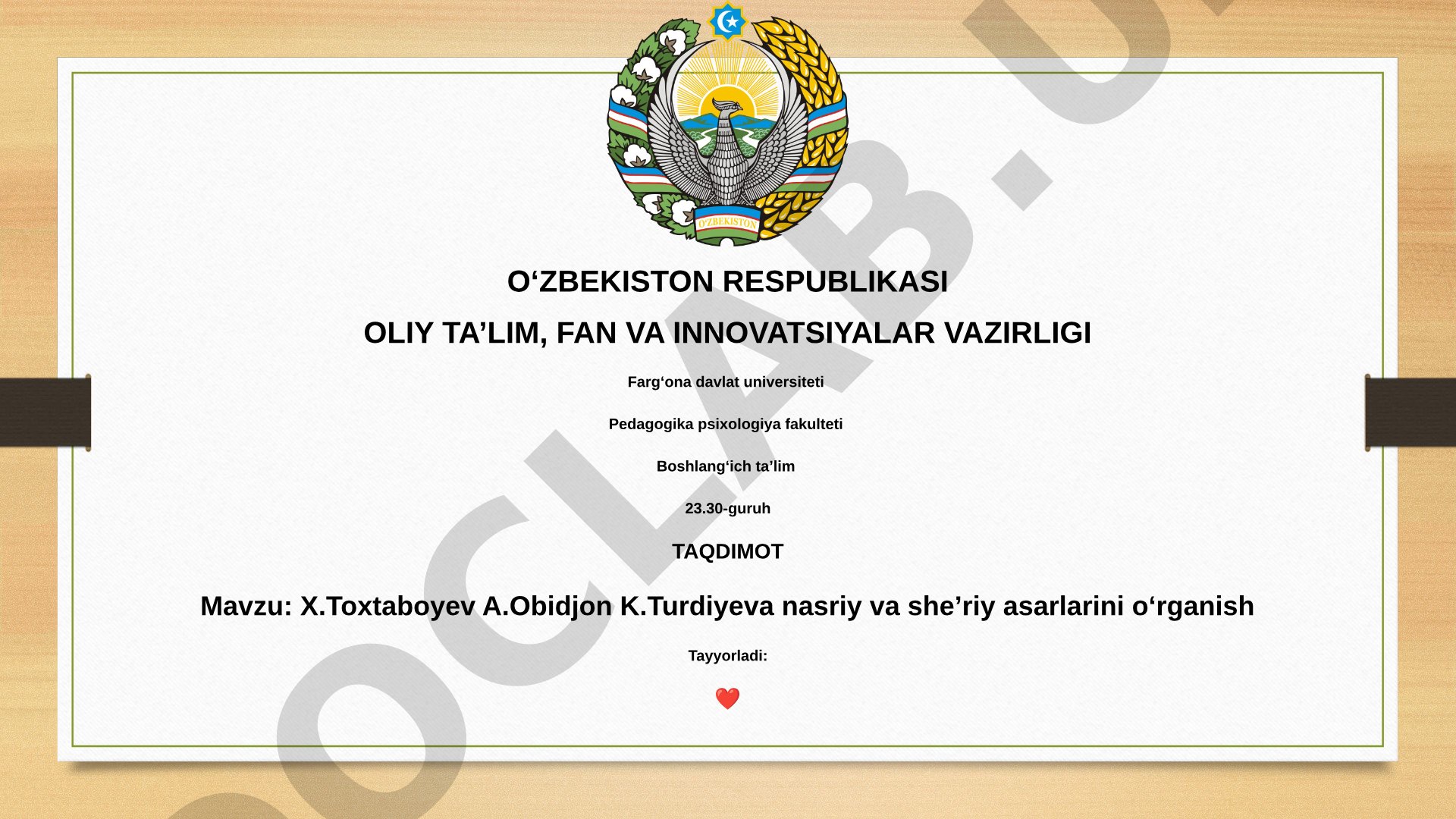 X.Toxtaboyev, A.Obidjon, K.Turdiyeva nasriy va she'riy asarlarini o'rganish
