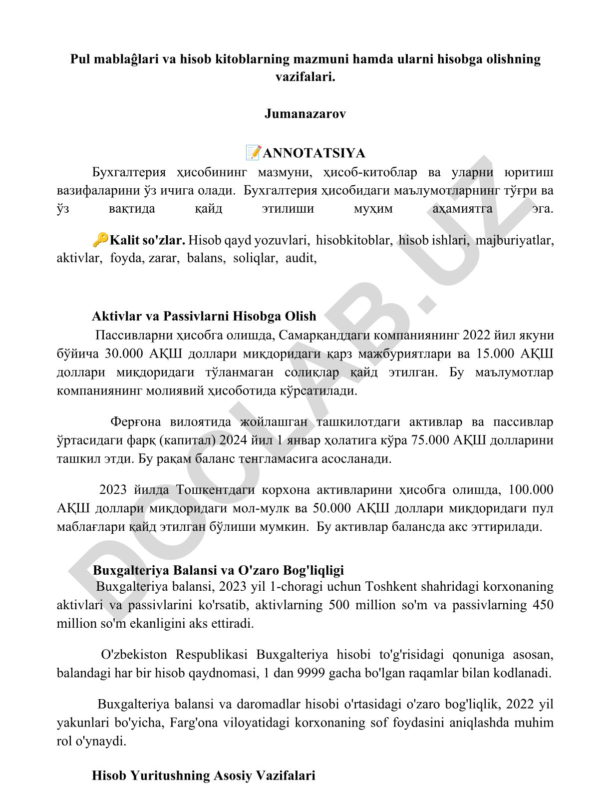Pul mablag'lari va hisob kitoblarning mazmuni hamda ularni hisobga olishning vazifalari