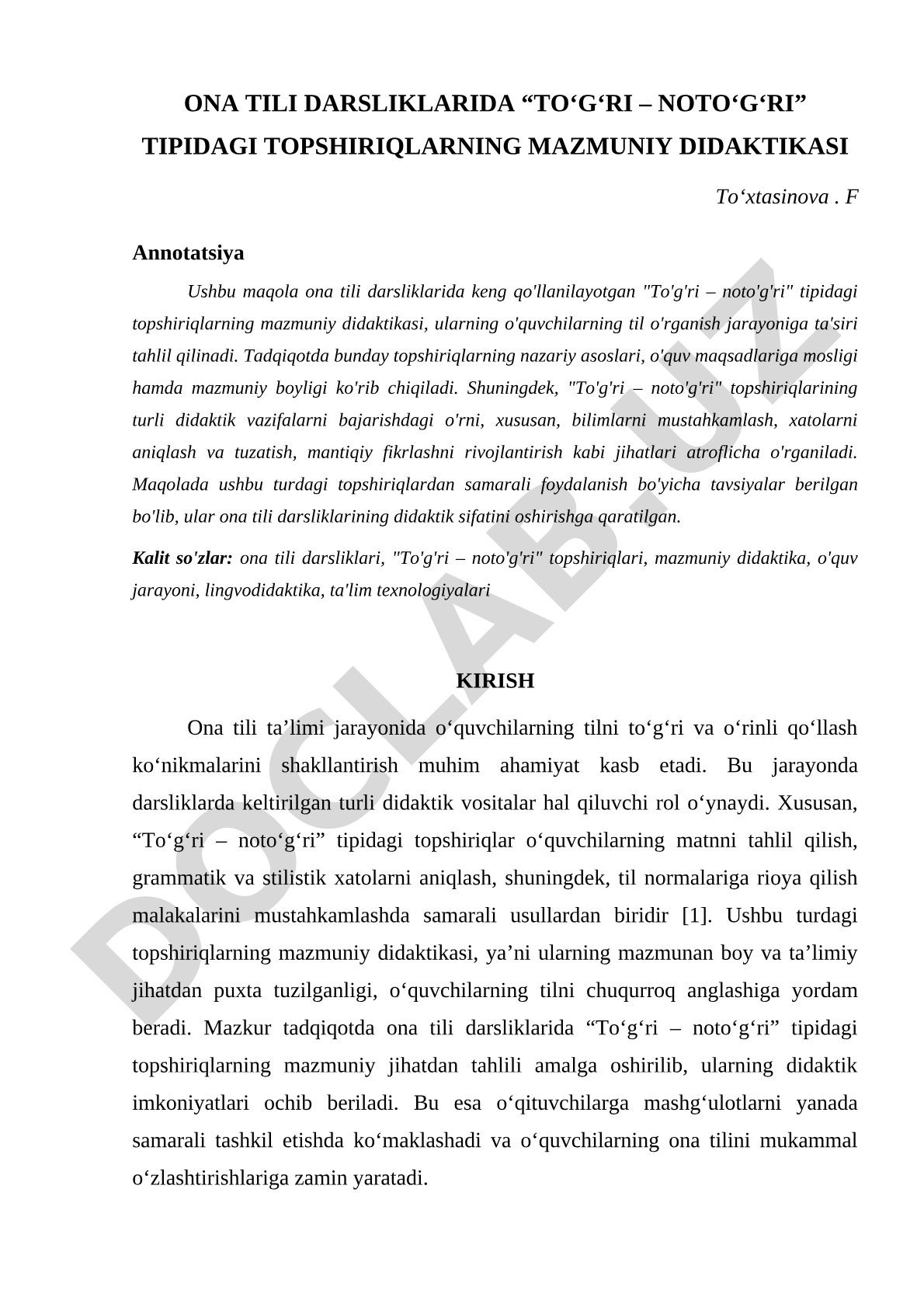 Ona tili darsliklarida “To‘g‘ri – noto‘g‘ri” tipidagi topshiriqlarning mazmuniy didaktikasi