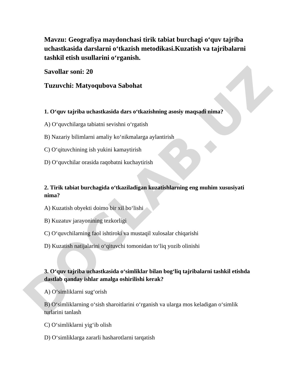 Geografiya maydonchasi tirik tabiat burchagi o'quv tajriba uchastkasida darslarni o'tkazish metodikasi