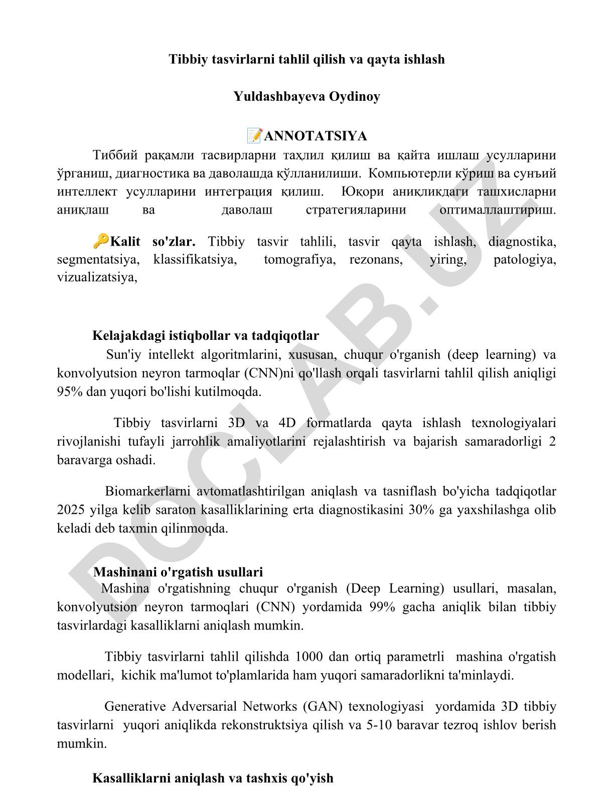 Tibbiy tasvirlarni tahlil qilish va qayta ishlash