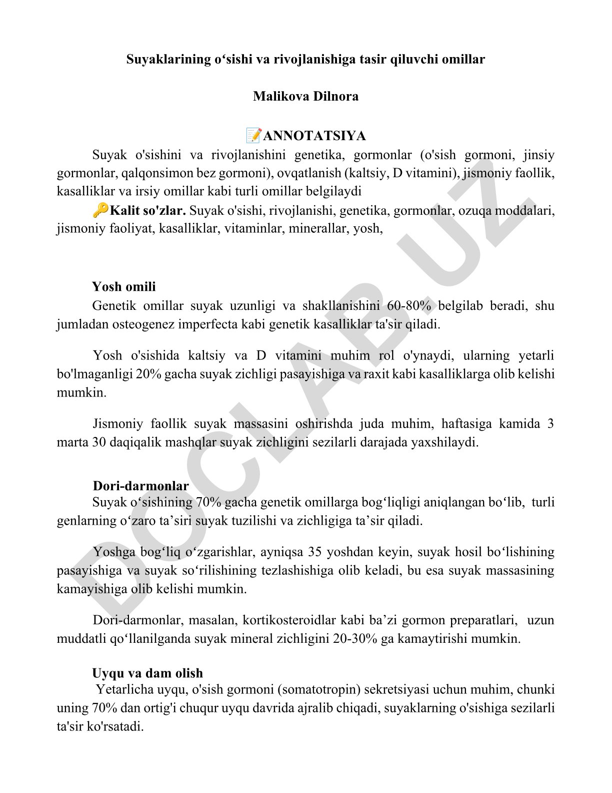 Suyaklarining o'sishi va rivojlanishiga tasir qiluvchi omillar