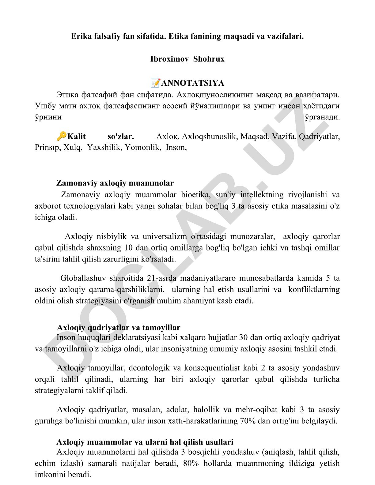 Etika falsafiy fan sifatida va uning maqsad va vazifalari