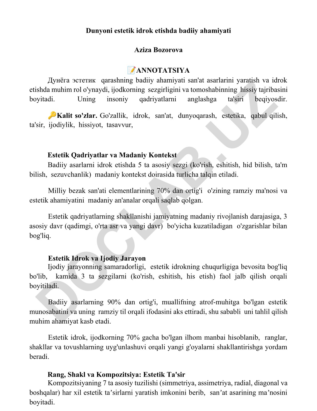Dunyoni estetik idrok etishning badiiy ahamiyati