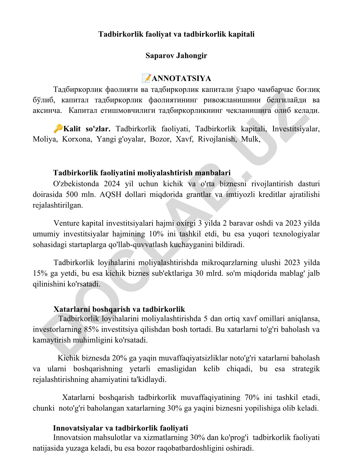 Tadbirkorlik faoliyati va tadbirkorlik kapitali