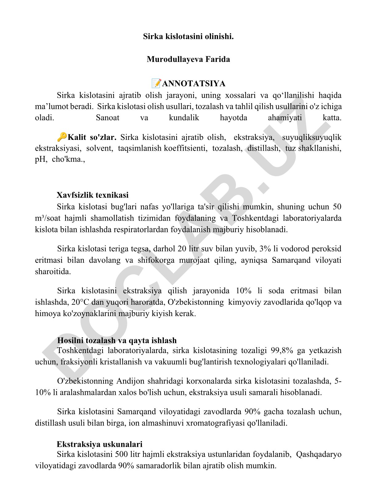 Sirka kislotasini ajratib olish jarayoni va xossalari