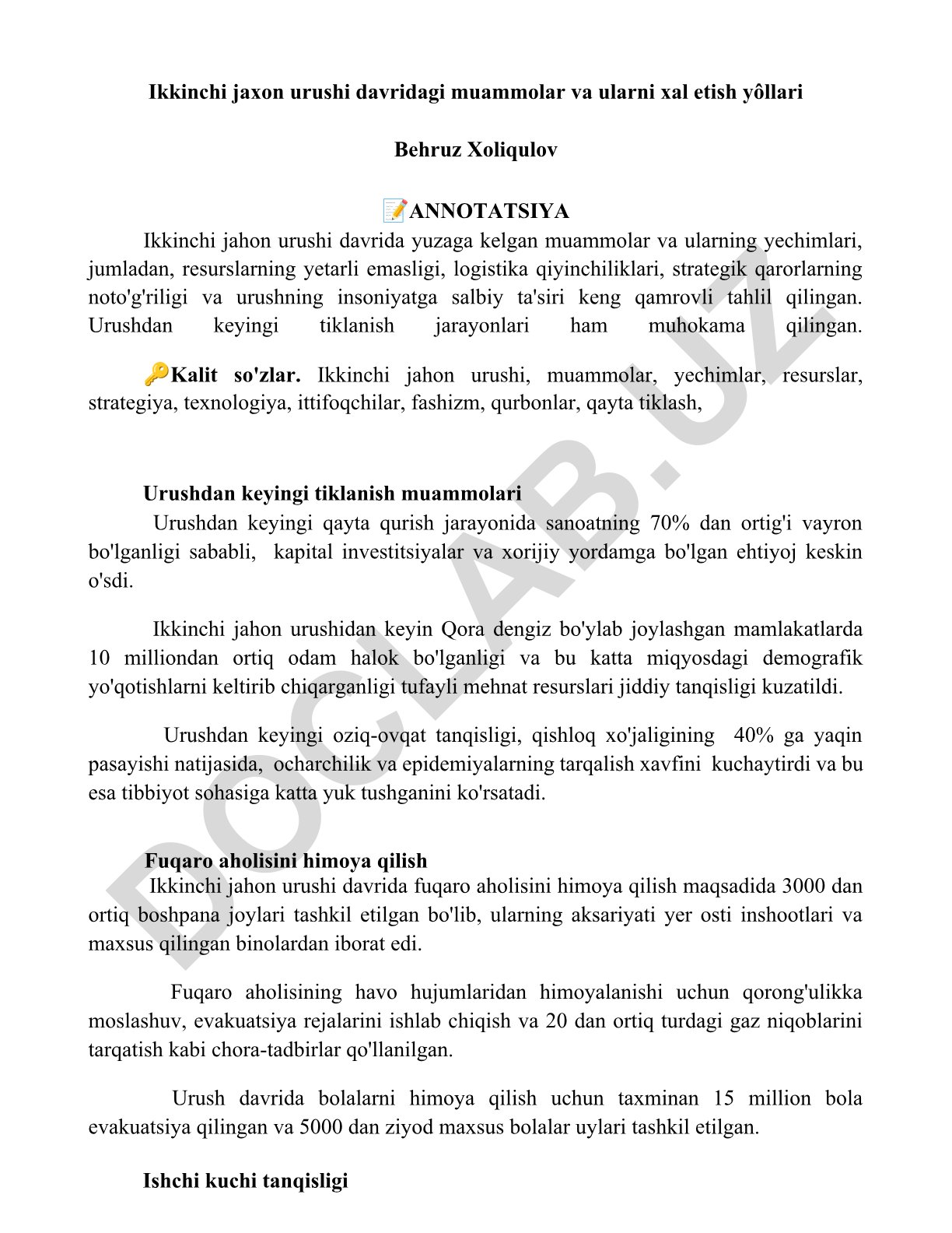 Ikkinchi jahon urushi davridagi muammolar va ularni xal etish yo'llari